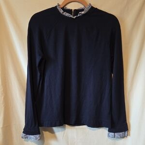 Carolina Belle Navy Top with Blue Striped Ruffled Sleeve And Collar Womens Small